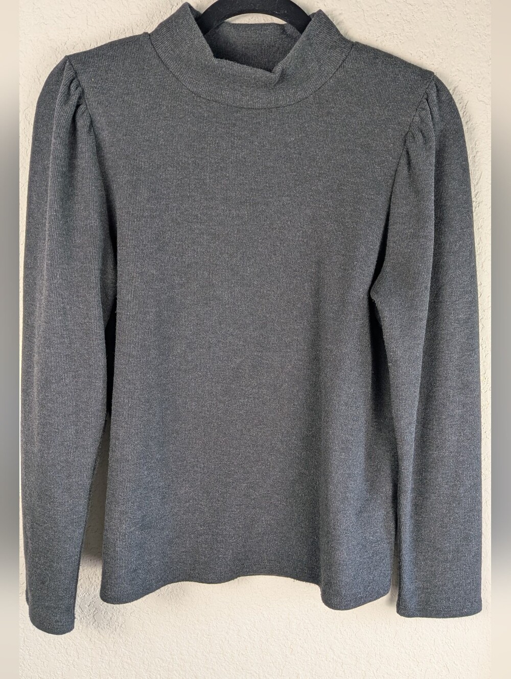 Madewell Mock Neck Sweater M Charcoal Gray Puff Sleeve Cotton Blend Rib Knit
